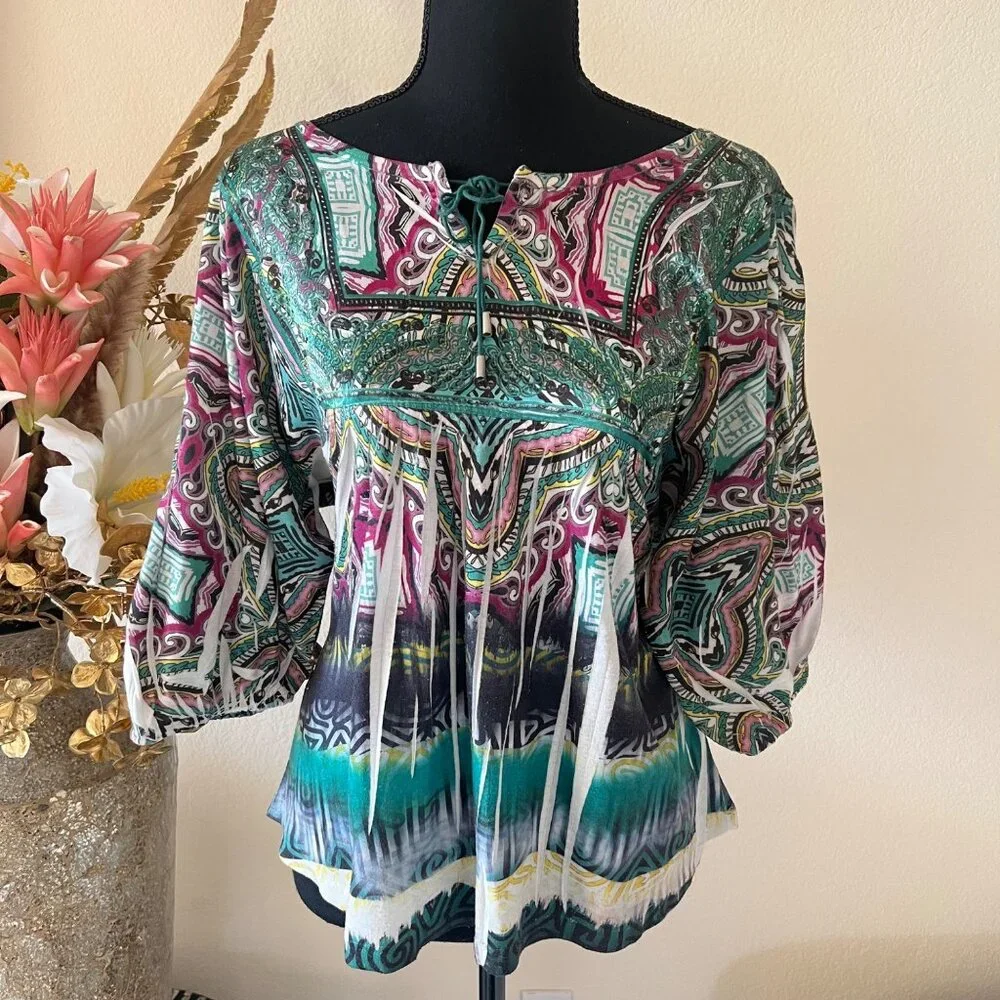 Y2K Billowy Sleeve Embroidered Lace-Up Abstract Rhinestone Green & Pink Top - Picture 1 of 8